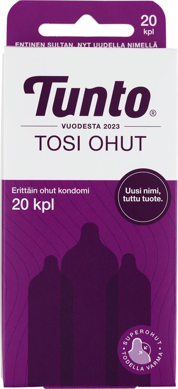 A purple and white box of Tunto Tosi Ohut condoms, featuring three condom silhouettes, text indicating 20 kpl (20 pieces), latex material details, and branding information in Finnish. Box is rectangular with a matte finish. Sans serif typography in bold white and purple lettering. No people or hands are shown. Plain background; straightforward product shot centered in frame.