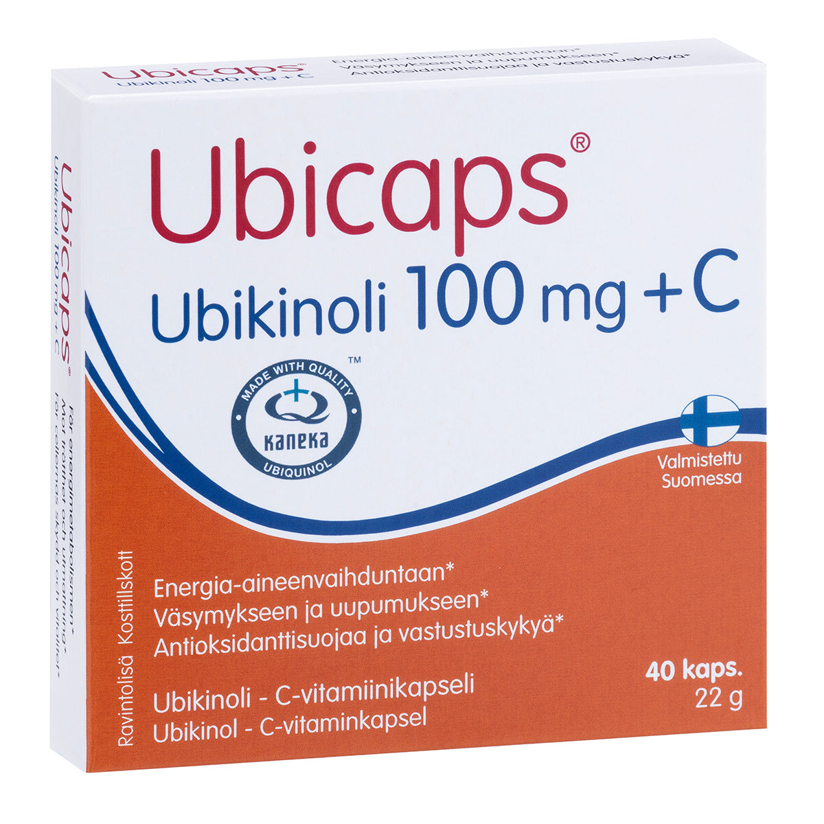 Ubicaps Ubikinoli 100 mg + C -ravintolisä, 40 kapselia; valkoinen suorakaiteen muotoinen mattapintainen pakkaus sinisin ja oranssein aksentein; suomenkielinen teksti lihavoituna ja selkeästi luettavana etupaneelissa; kuvattu suljettuna pakkauksena vaalealla taustalla.