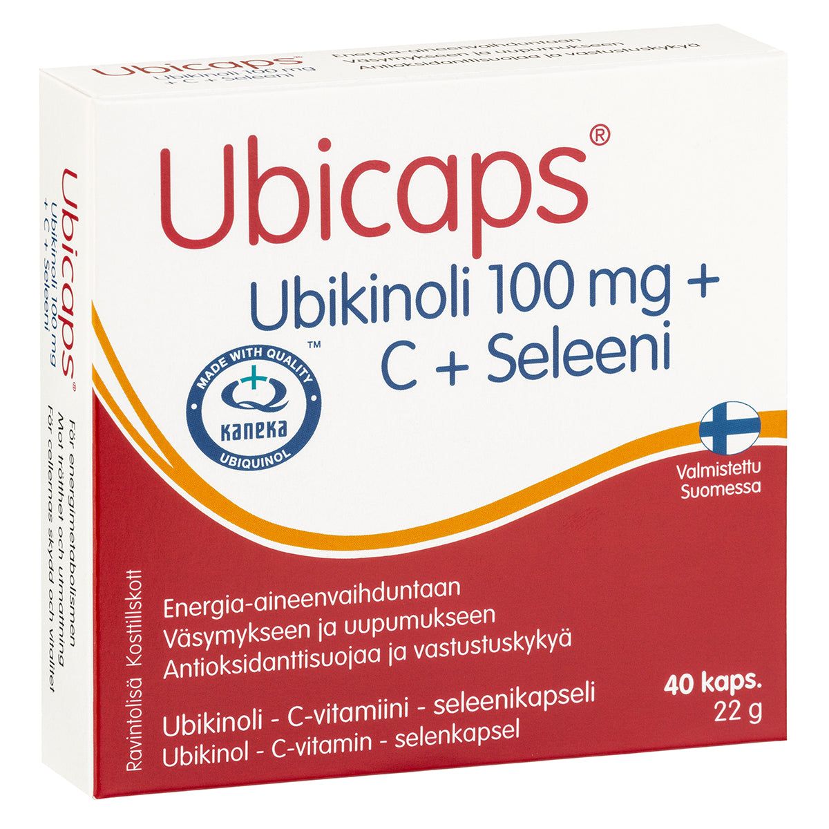 A box of Ubicaps supplements, labeled Ubikinoli 100 mg + C + Seleeni, contains 40 capsules. The packaging is rectangular with a matte finish, primarily in white and blue. There is a prominent blue circular badge reading Made with Kaneka Ubiquinol. Text on the box is mostly sans-serif. Background is plain; no people or objects visible.