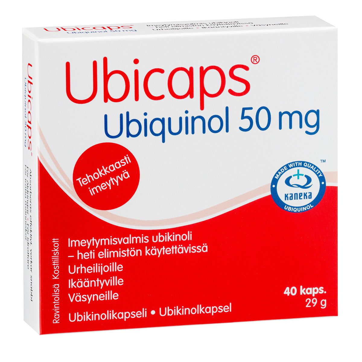 Ubicaps Ubiquinol 50 mg -pakkaus, puna-valkoinen mattapintainen rasia; 40 kapselia, Kaneka-laatumerkki ja "Tehokkaasti imeytyvä" -merkintä