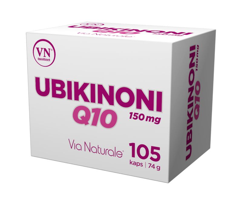Ubikinoni Q10 150 mg -pakkaus (Via Naturale), 105 kapselia; valkoinen suorakulmainen rasia, violetti-musta lihavoitu teksti, VN Tiivisteet -logo, mattapinta