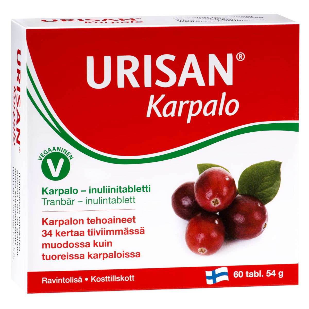 Urisan Karpalo -tablettipakkaus, karpalokuvia ja vegaanimerkki sekä Suomen lippu; valkoinen-punainen mattapintainen pahvirasia, teksti suomeksi ja ruotsiksi, 60 tablettia (54 g)