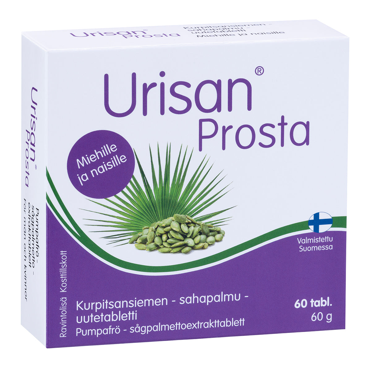 Urisan Prosta -pakkaus; suomen- ja ruotsinkielisin tekstein varustettu ravintolisä, kuvassa vihreitä siemeniä ja palmunlehti; suorakulmainen pakkaus mattapinnalla, valkoinen ja vihreä väritys, tekstausvapaata typografiaa; sahapalmun hedelmä mainittu keskeisenä ainesosana; sisältää 60 tablettia, valmistettu Suomessa; kuvattu neutraalia taustaa vasten, ei ihmisiä näkyvissä.