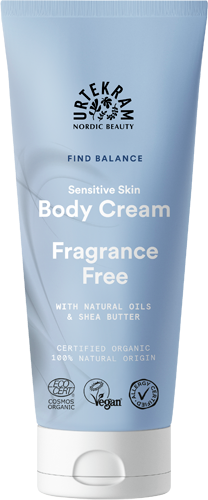 Urtekram Find Balance Fragrance Free Body Cream: sininen mattapintainen puristustuubi; etiketissä teksti "Urtekram Nordic Beauty Sensitive Skin Body Cream, Fragrance Free" valkoisella groteskikirjasimella, lisäksi maininnat luonnonöljyistä, sheavoista, luomuraaka-aineista ja vegaanisertifikaatista; tausta on neutraali ja tasaisesti valaistu, ei ihmisiä tai käsiä kuvassa.
