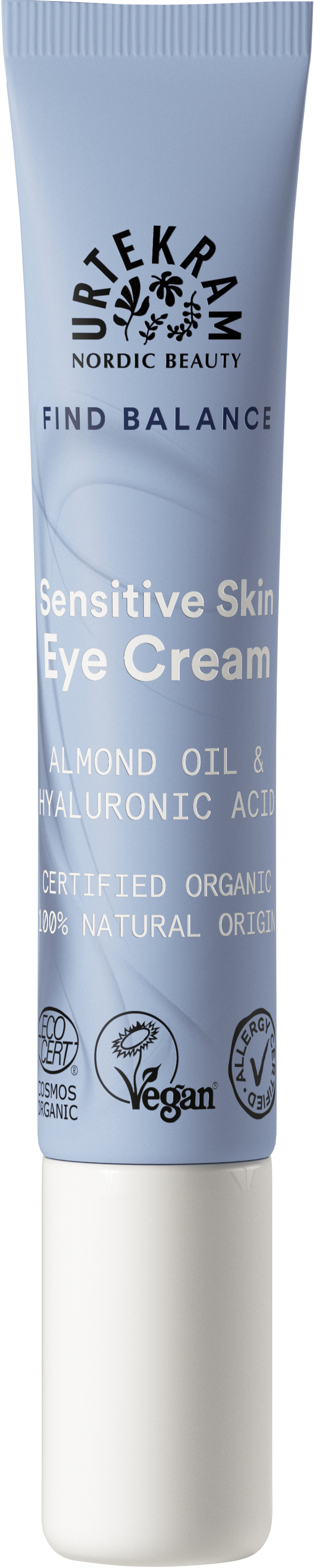 Urtekram Find Balance Fragrance Free Silmänympärysvoide, tuubi herkän ihon silmänympärysvoiteelle mantelöljyllä ja hyaluronihapolla; tuubi sylinterimäinen, muovia mattapinnalla, vaaleansinisestä valkoiseen liukuvin sävyin; sertifikaattilogot painettu etusivulle; groteskityyppi tuotenimelle ja tiedoille; kuva yksinkertaista taustaa vasten, ei ihmisiä eikä esineitä näkyvissä.