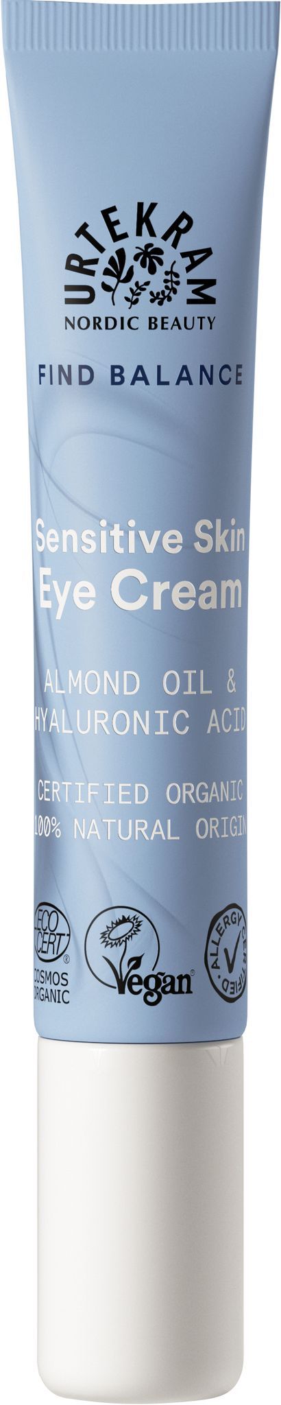 Urtekram Find Balance Fragrance Free Silmänympärysvoide, tuubi herkän ihon silmänympärysvoiteelle mantelöljyllä ja hyaluronihapolla; tuubi sylinterimäinen, muovia mattapinnalla, vaaleansinisestä valkoiseen liukuvin sävyin; sertifikaattilogot painettu etusivulle; groteskityyppi tuotenimelle ja tiedoille; kuva yksinkertaista taustaa vasten, ei ihmisiä eikä esineitä näkyvissä.
