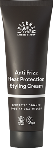 Urtekram Anti Frizz Heat Protection Styling Cream -tuubi, Cosmos Organic- ja Vegan-merkit