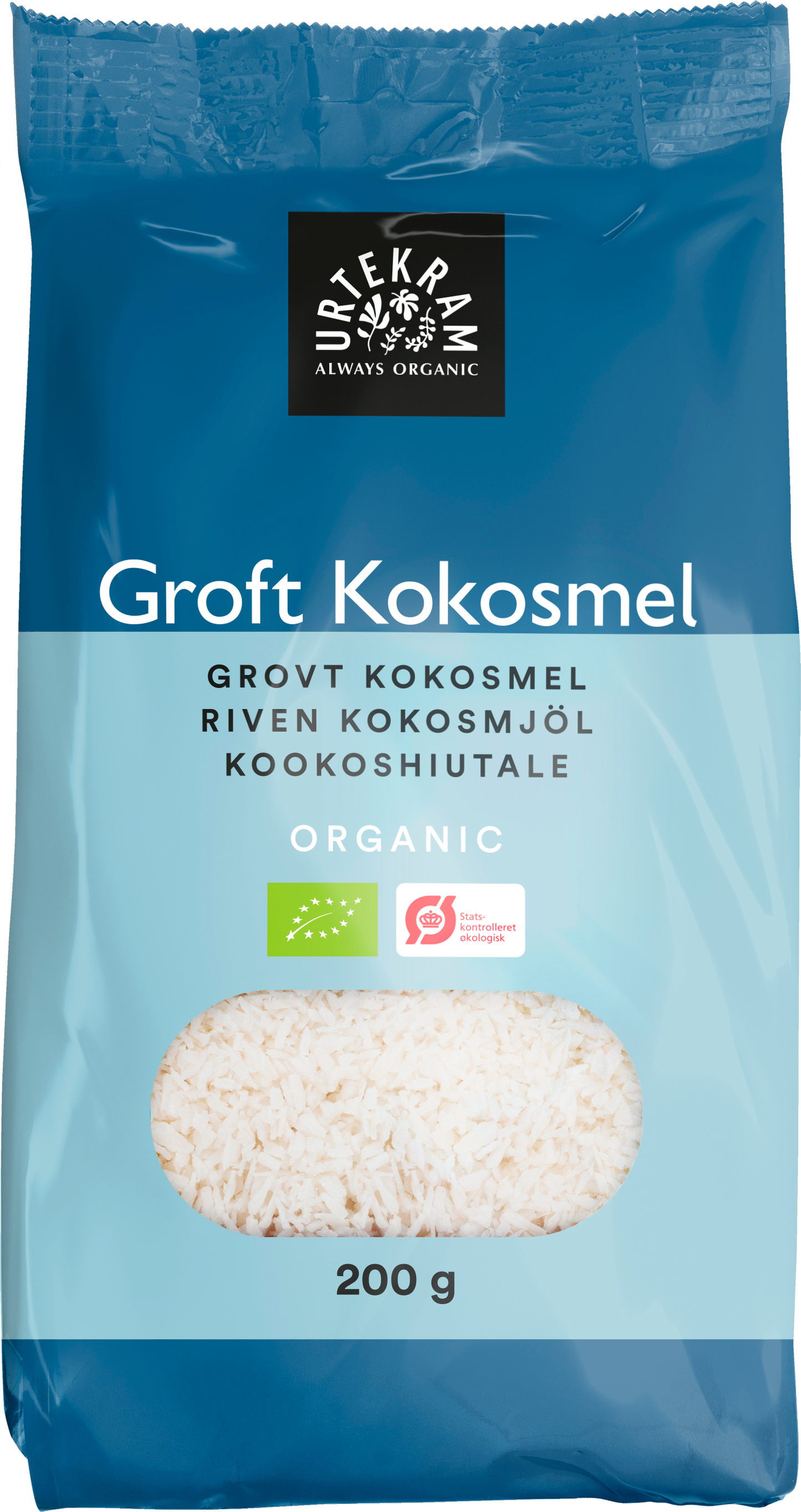 Sininen 200 g:n pakkaus Urtekram luomukarkeaa kookosjauhoa, tekstit useilla kielillä ja soikea ikkuna, joka näyttää kookosjauhon sisältä. Pakkaus on mattapintainen, pystysuuntaisen suorakulmainen ja tasapohjainen. Etiketissä on tuotenimi, paino ja Urtekram-logo valkoisella pääteviivattomalla tekstillä. Kuva on otettu pelkistettyä valkoista taustaa vasten, ei ihmisiä tai muita esineitä näkyvissä.