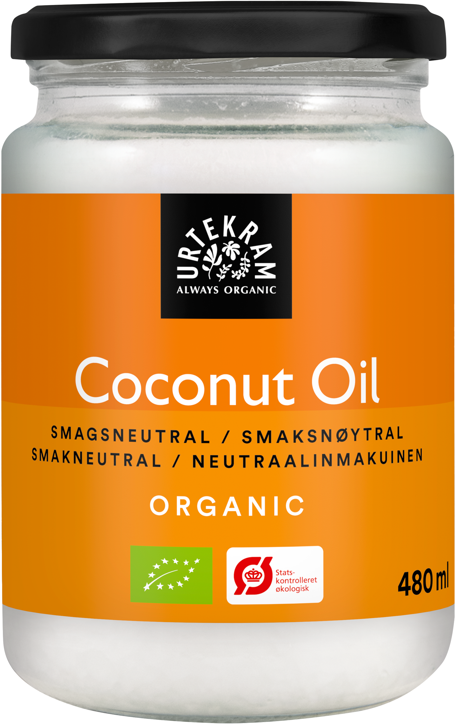 Urtekram Luomu Neutraalinmakuinen Kookosöljy, purkki luomukookosöljylle oranssilla etiketillä, näyttäen 480 ml koon, mauttoman profiilin ja luomusertifikaattilogot; purkki sylinterimäinen, läpinäkyvää lasia metallisella kierrekannella; etiketissä valkoista tekstiä oranssilla pohjalla groteskifontilla sekä sertifikaattisymboleita; tausta neutraali, ei ihmisiä eikä käsiä näkyvissä, studiokuva.