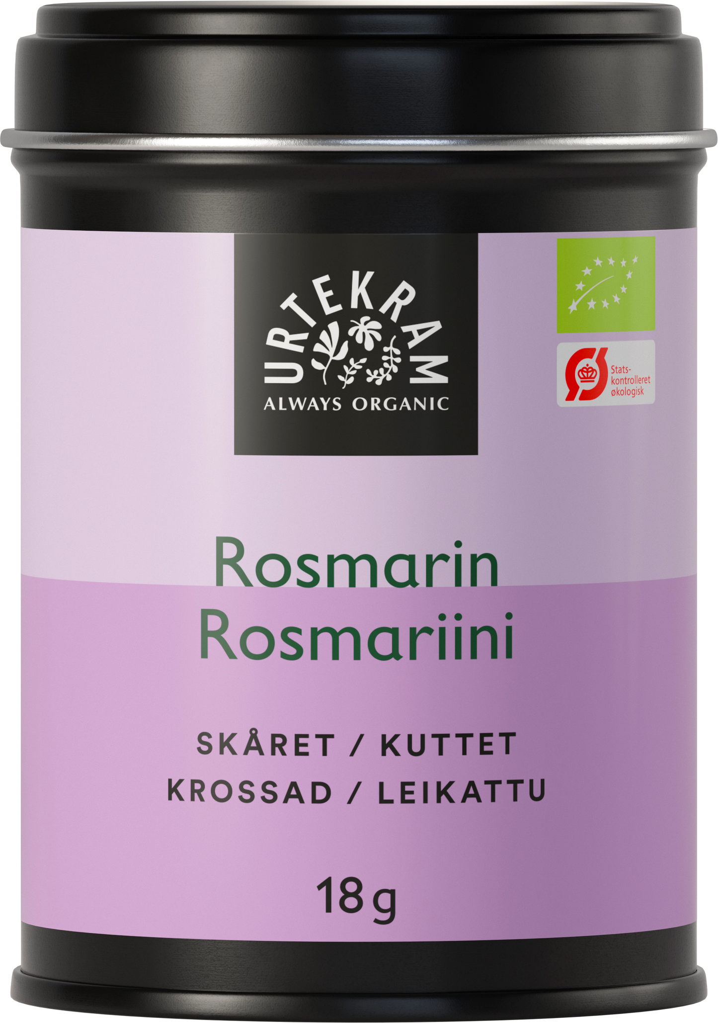 Urtekram Luomu Rosmariini; sylinterin muotoinen metallipurkki Urtekram-luomurosmariinia, 18 g, mattapinnalla ja istuvalla kannella; etiketissä skandinaavisia kieliä ja sertifiointimerkkejä selkeällä groteskikirjasimella valkoisella pohjalla; ei ihmisiä tai toimintaa; alusta laventelinvärinen; kuva näyttää etiketin selkeästi edestäpäin.