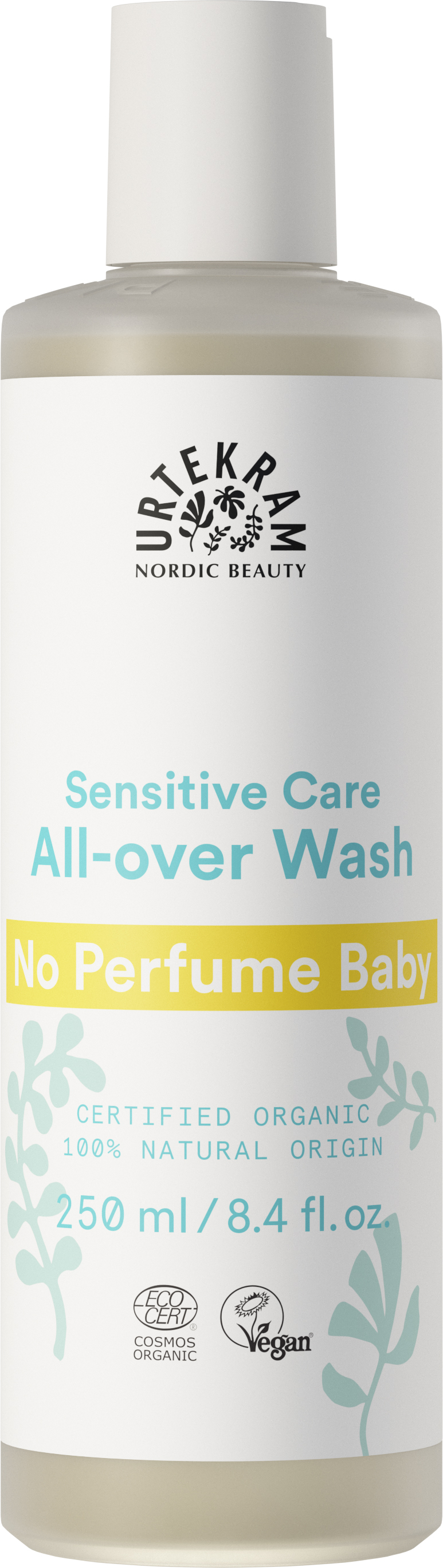 Urtekram No Perfume Baby Pesuneste, pullo Nordic Beauty -kokovartalopesuaineelle merkittynä "No Perfume Baby", 250 ml, luomusertifioitu ja vegaaninen, valmistettu 100-prosenttisesti luonnollisen alkuperän ainesosista; sylinterimäinen muovipullo valkoinen mattapinnalla, sinistä ja keltaista tekstiä sekä kasvikuvituksia; pakkaus sisältää pumppuannostelijan; teksti groteskifontilla; tausta valkoinen, ei ihmisiä eikä käsiä näkyvissä.