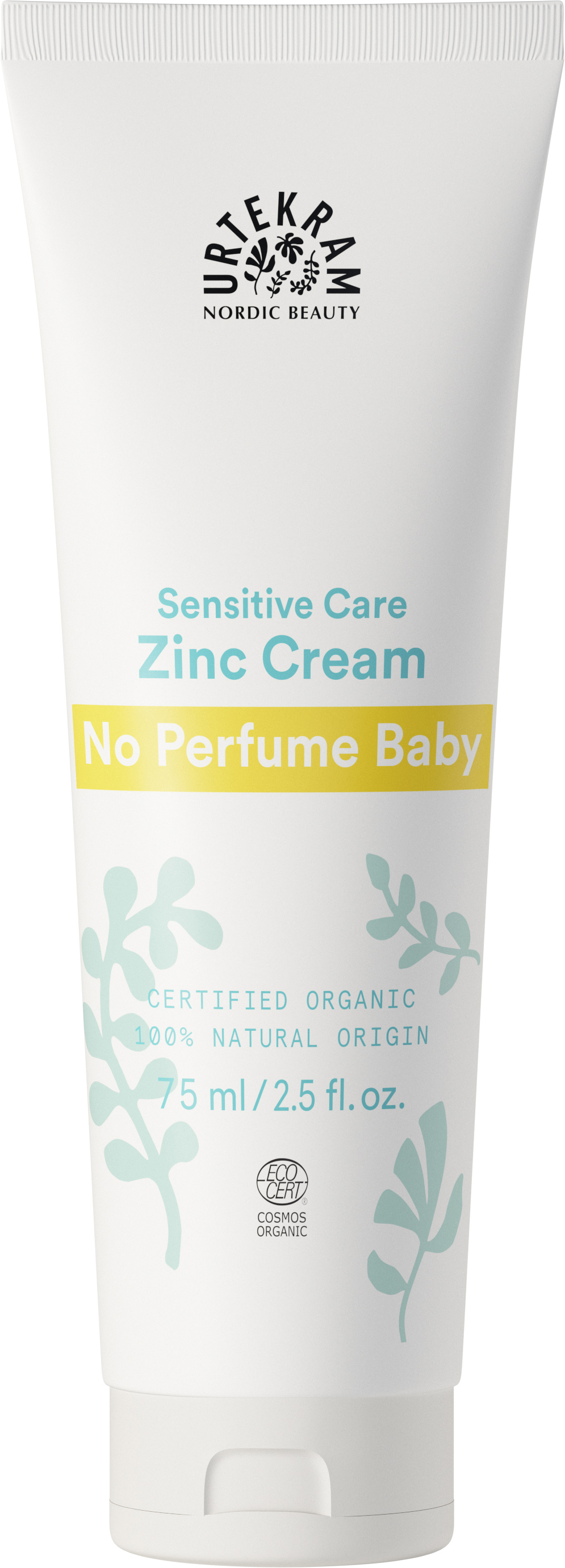 Urtekram No Perfume Baby Sinkkivoide, tuubi vauvojen sinkkivoiteelle merkittynä "Sensitive Care", "No Perfume Baby" ja "Certified Organic"; pakkaus valkoinen mattapintainen puristustuubi litteällä läppäkorkilla; tekstin värit sinistä ja keltaista, etusivulla vihreitä lehtikuvituksia; fonttityyli moderni ja groteskinen; kuvan tausta valkoinen, ei ihmisiä eikä lisäesineitä näkyvissä.