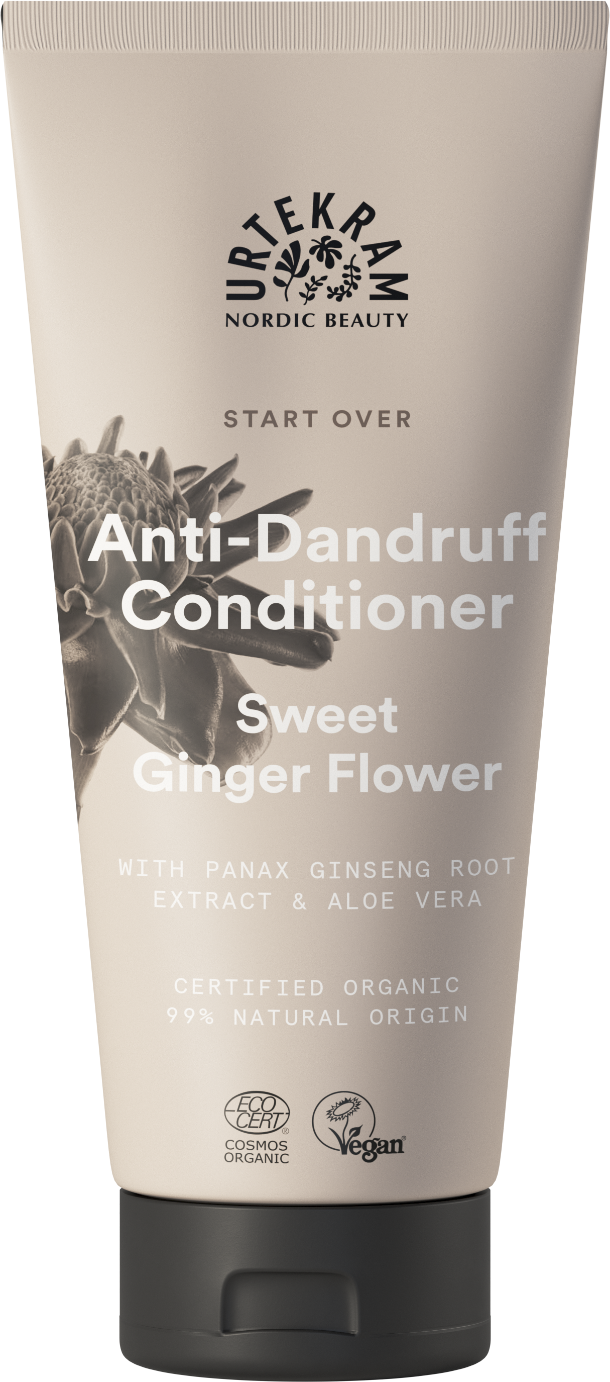 Urtekram Start Over Sweet Ginger Anti-Dandruff Hoitoaine, tuubi hilseenvastaiselle hoitoaineelle makean inkiväärikukan tuoksulla, sisältää panax-ginsengjuuriuutetta, aloe veraa, sertifioituja luomuainesosia ja vegaanisertifikaatin; tuubi vaaleansininen mattapinnalla ja läppäkorkilla; etikettiteksti keskitetty groteskifontilla; ei ihmisiä eikä käsiä näkyvissä; yksinkertainen studiotausta ilman rekvisiittaa.
