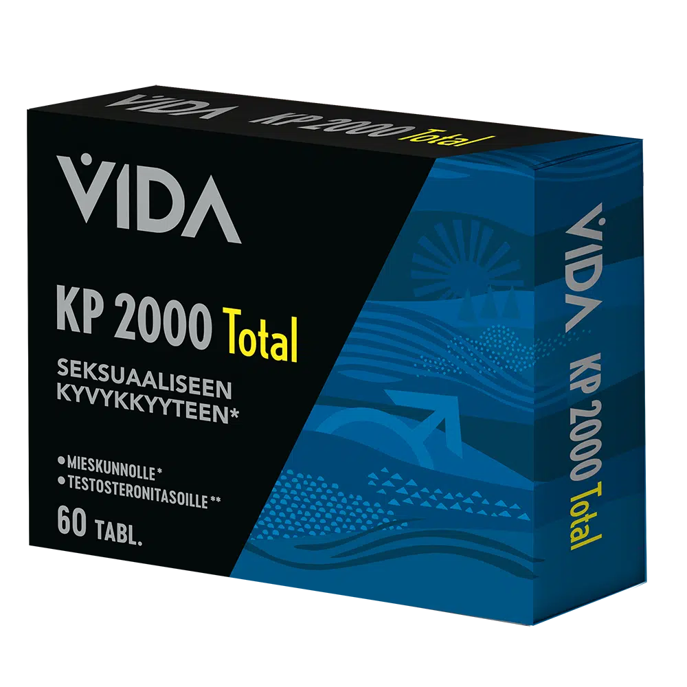 Vida KP 2000 Total, musta-sininen suorakulmainen pahvipakkaus merkittynä "VIDA KP 2000 Total" suomenkielisin tekstein, mukana lauseet "60 tabl." sekä viittaukset seksuaaliseen suorituskykyyn ja testosteroniin; pinta kiiltävä valkoisin ja metallisin sinisin grafiikoin; groteskifontit eri kokoisin; ei ihmisiä eikä käsiä näkyvissä; tausta neutraali, studiomainen tuotekuva.
