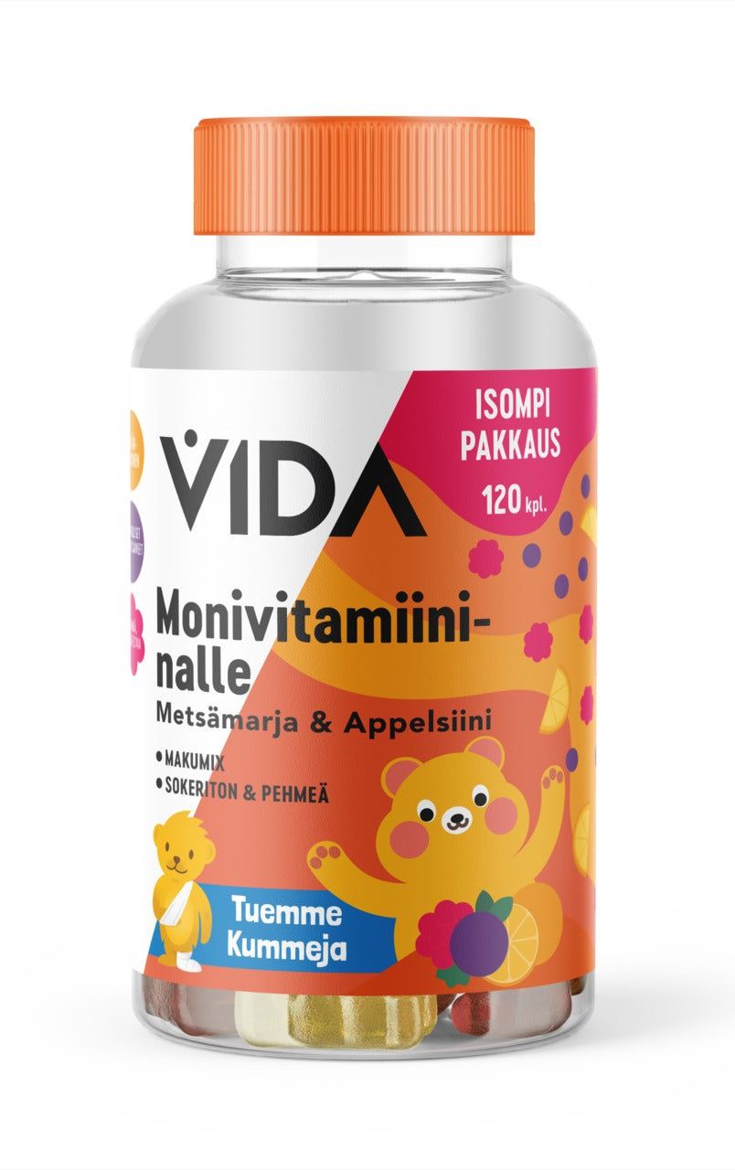 A bottle of VIDA Monivitamiininalle vitamins with berry and orange flavors, featuring cartoon bears and colorful gummies on the white plastic label. The label is mostly white with multicolored accents, matte finish, cylinder shape, screw cap. Large bold sans-serif Finnish text is visible. Studio-lit on a plain background. 120 count stated.