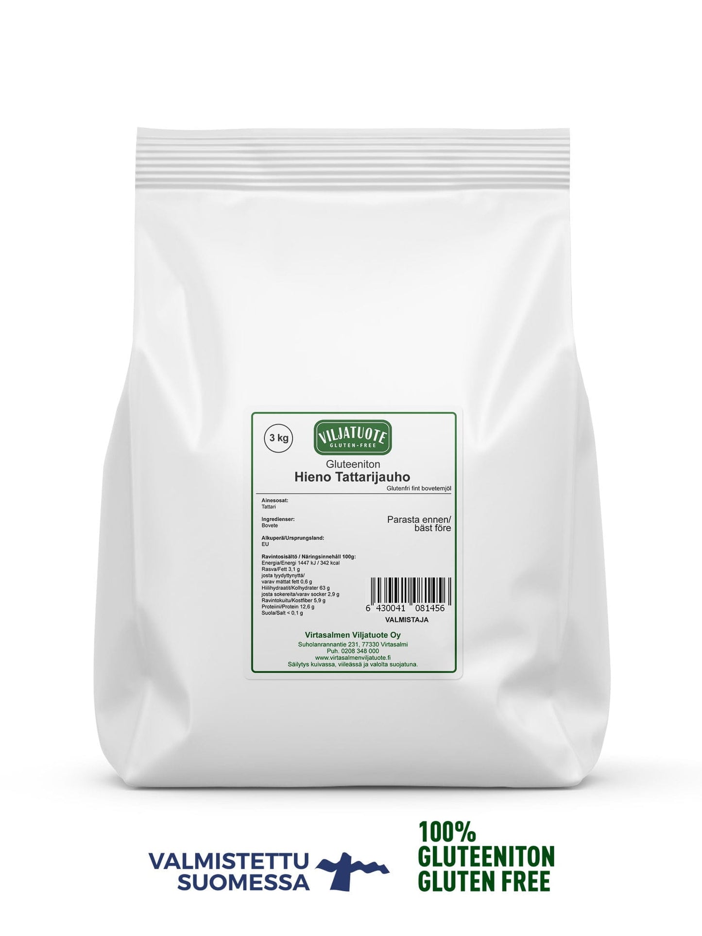 Valkoinen 3 kg:n Villatuote-merkkisen hienon tattarijauhon paperipussi, suorakaiteen muotoinen ja mattapintainen, näyttää suomenkielistä tekstiä painetussa etusivun etiketissä; etiketin alla kaksi kuvaketta: valmistettu Suomessa ja 100 % gluteeniton, molemmat suomeksi ja englanniksi; groteskikirjasin käytössä; ei ihmisiä tai käsiä näkyvissä; neutraali tausta, tuotekuva edestä.