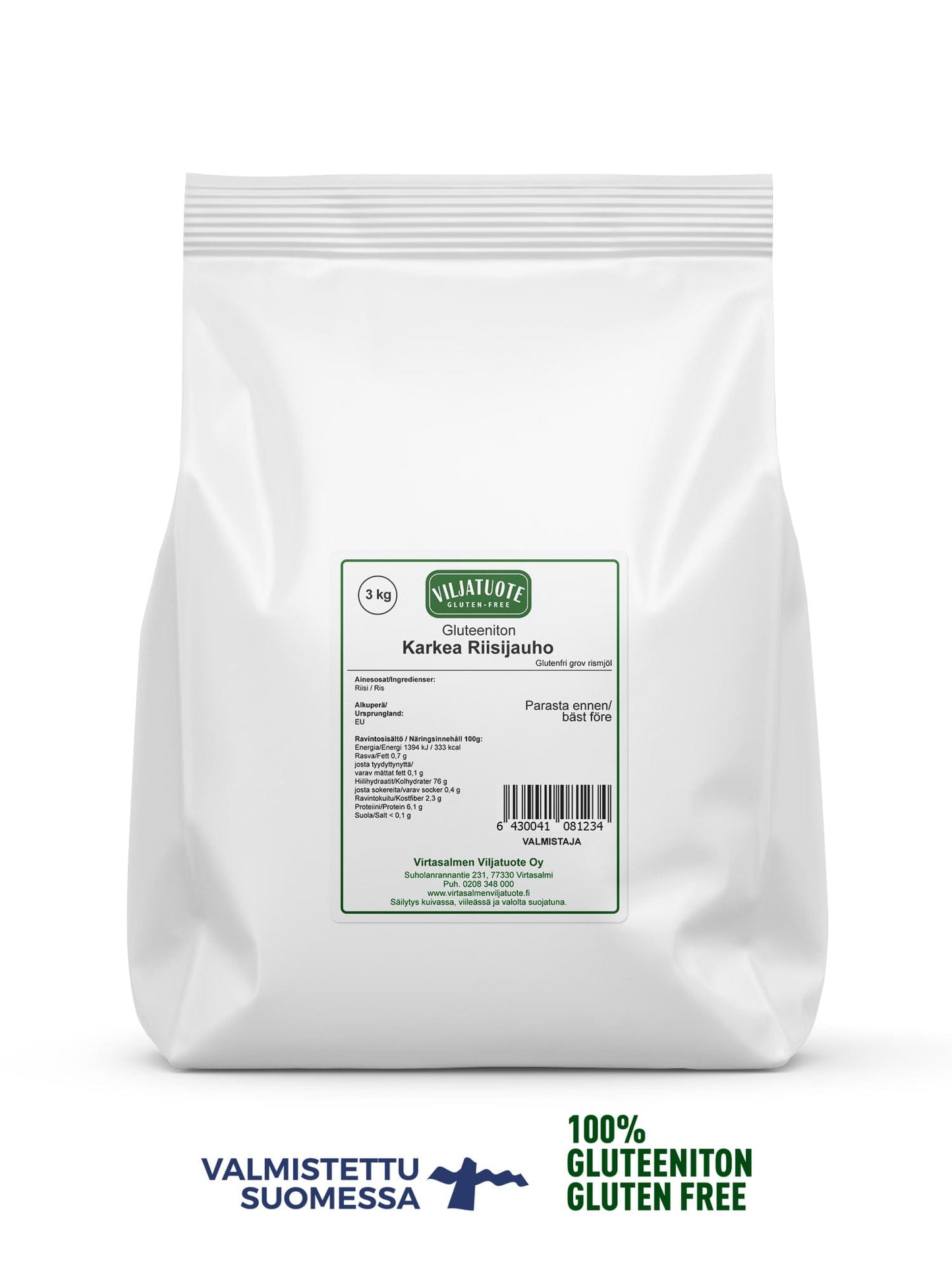Valkoinen 3 kg:n pussi merkinnällä Karkea Riisijauho, merkitty gluteenittomaksi ja tekstillä Valmistettu Suomessa sekä 100 % Gluteeniton. Pakkaus on mattapintainen, suorakulmainen, painetuin mustin ja sinisin pääteviivattomin tekstein. Ihmisiä, käsiä tai rekvisiittaa ei näy; pelkistetty tausta. Kuva on edestäpäin otettu tuotekuva.