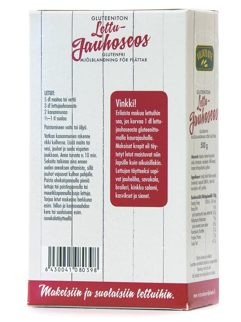 Gluteenittoman lettujauhoseoksen laatikko suomen-, ruotsin- ja englanninkielisin tekstein, selkein ohjein, hyödyllisin vinkein, viivakoodilla ja Viljatuote Oy:n brändäyksellä sivupaneelissa; suorakaiteen muotoinen laatikko mattapinnalla, sinisin ja mustin groteskitekstein valkoisella ja keltaisella pohjalla; pakkaus kuvattu pystyssä yksinkertaista taustaa vasten; ei ihmisiä tai muita esineitä näkyvissä.