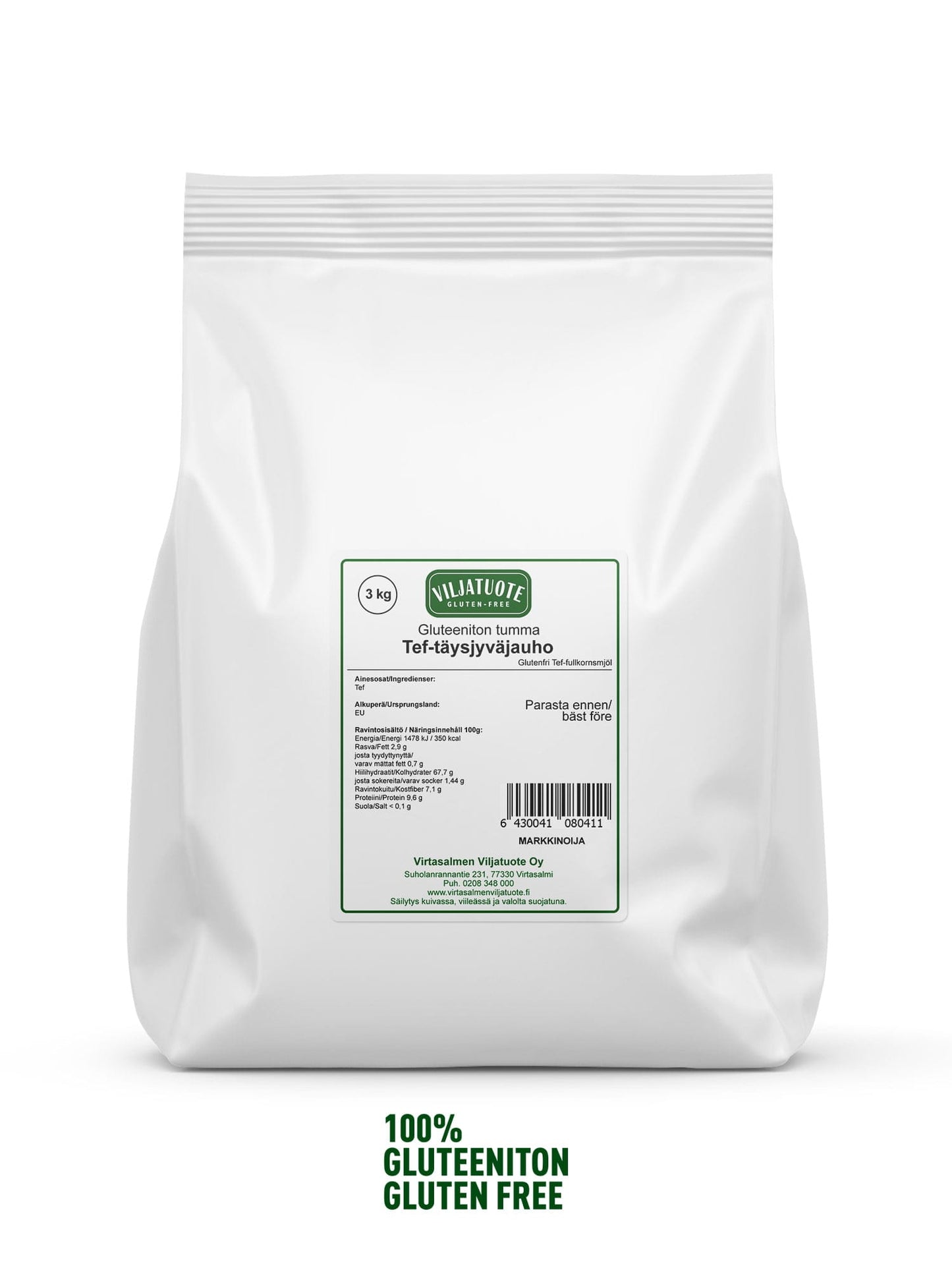 Valkoinen 3 kg:n pussi Villatuote teff-täysjyväjauhoa mattapinnalla ja vihreä-valkoisella suorakulmaisella etiketillä. Pussi seisoo pystyssä pelkistetyllä vaalealla alustalla. Pussin alaosassa on vihreää pääteviivatonta tekstiä: 100 % GLUTEENITON teff-jauho. Ihmisiä tai käsiä ei näy kuvassa.
