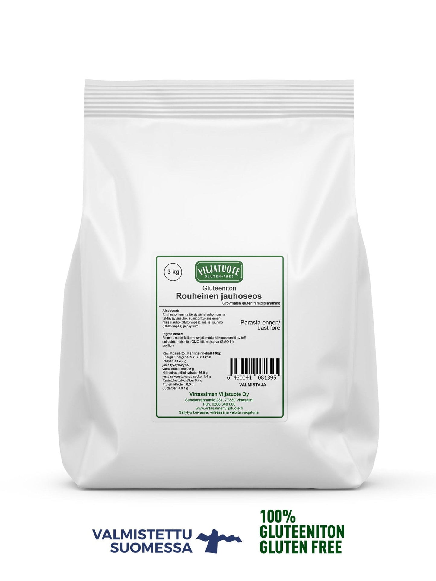 Valkoinen 3 kg:n gluteenittoman jauhon pussi vihreällä ja valkoisella mattaetiketillä, seisoo pystyssä; pakkaus suorakaiteen muotoinen saumatuin reunoin; pussin alaosassa sininen teksti VALMISTETTU SUOMESSA sekä tyylitelty Suomen kartta, vieressä vihreä teksti 100% GLUTENITON GLUTEN FREE; kuvan tausta yksinkertainen ilman ihmisiä tai muita esineitä. Tämä laadukas gluteeniton jauho sopii moneen leivontatarpeeseen.