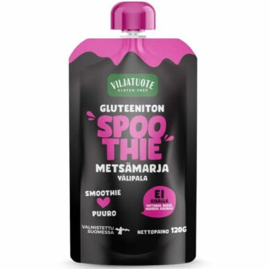 Virtasalmen Viljatuote Spoothie Gluteeniton Metsämarjavälipala; 120 g:n pussi gluteenitonta metsämarjasmoothie-välipalaa, kätevä vaaleanpunainen korkki ja huomiota herättävä musta pakkaus valko-pinkillä suomenkielisellä tekstillä; taipuisa pussi seisoo pystyssä, kiiltäväpintainen ja suorakulmainen pyöristetyin reunoin; typografia vaihtelee lihavoidusta groteskista brändinimessä pienempään tekstiin alla; kuva valkoisella taustalla, ei ihmisiä näkyvissä.