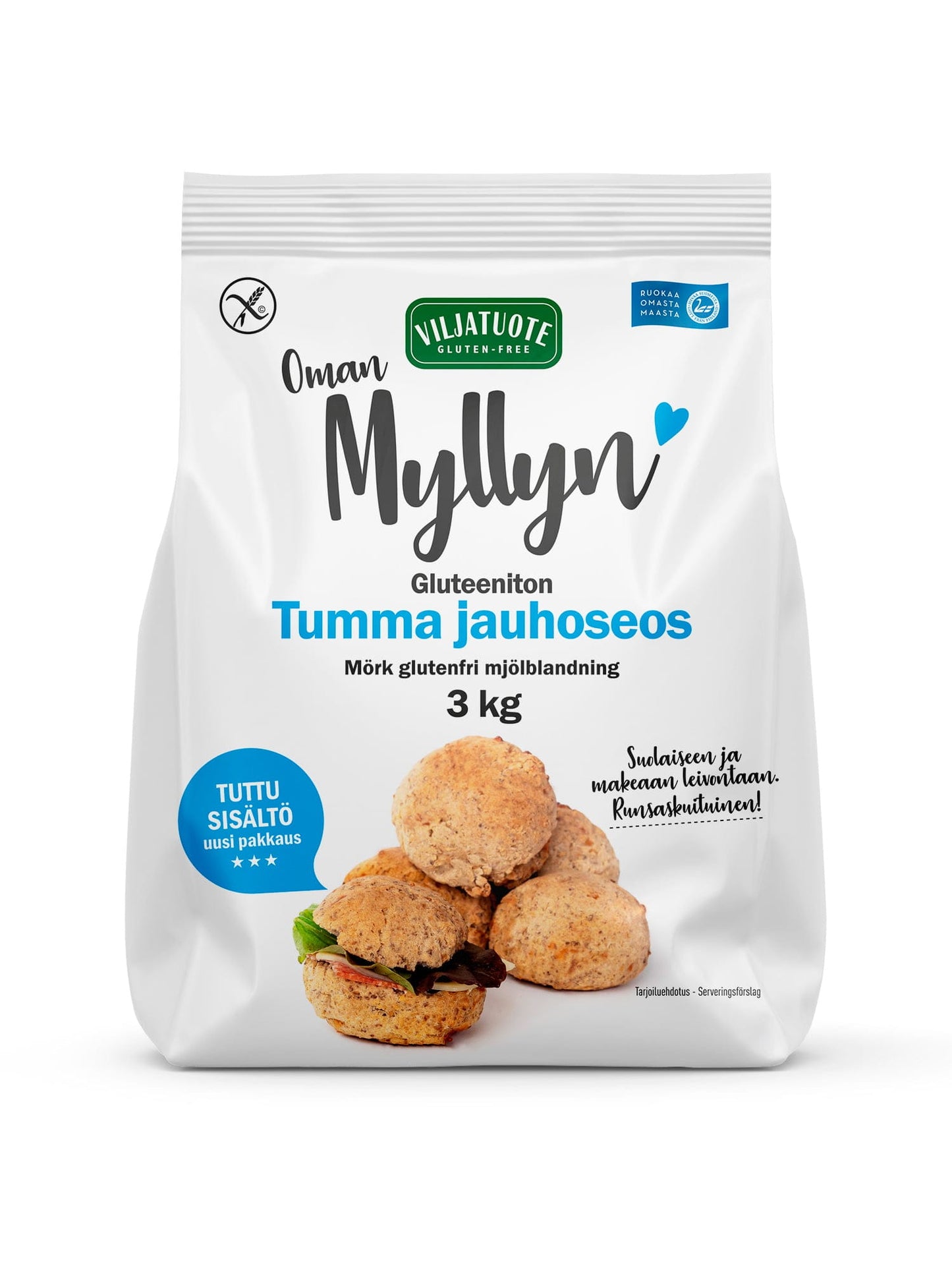 Valkoinen 3 kg:n Myllyn tumman gluteenittoman jauhoseoksen pussi, jossa kuvia leivotuista keksistä, sinistä ja mustaa tekstiä sekä tuotetietoa suomeksi ja ruotsiksi; mattapintainen suorakaiteen muotoinen pussi näyttää gluteenittomuussymbolin ja sinisen etiketin uudesta pakkauksesta; suuri lihavoitu groteskikirjasin käytössä pääbrändäykselle; ei ihmisiä tai käsiä näkyvissä; tausta yksinkertainen, kuva näyttää koko pakkauksen etusivun.