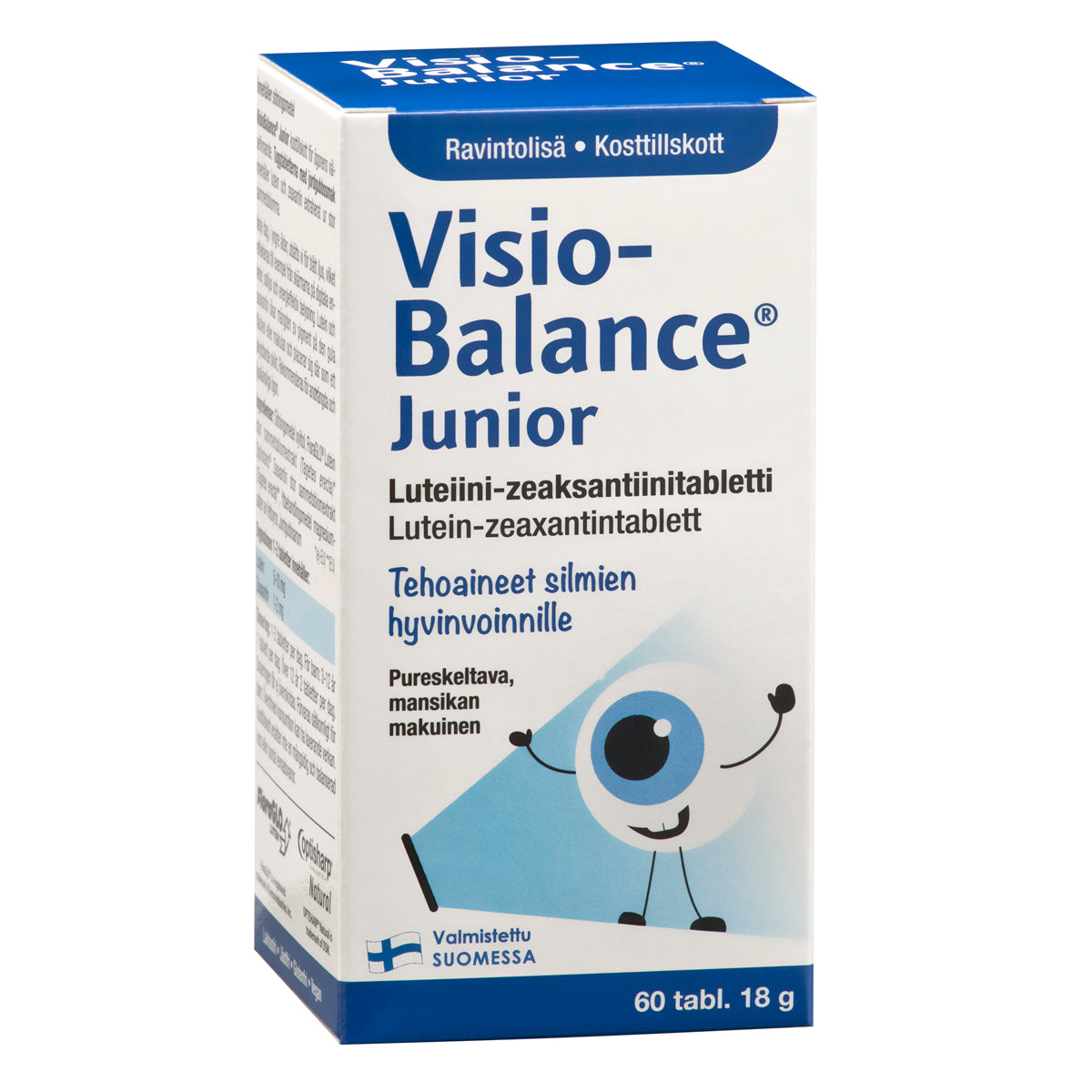 Visiobalance Junior; pakkaus Visio-Balance Junior -lasten ravintolisätabletteja, kuvituksena piirroshahmo silmä; sininen ja valkoinen suorakaiteen muotoinen pahvipakkaus mattapinnalla, teksti suomeksi ja ruotsiksi; pakkauksessa mainitaan ainesosat luteiini, tseaksantiini ja tärkeät vitamiinit lasten silmien terveydelle; groteskityypografia; valkoinen tausta, ei ihmisiä tai käsiä.