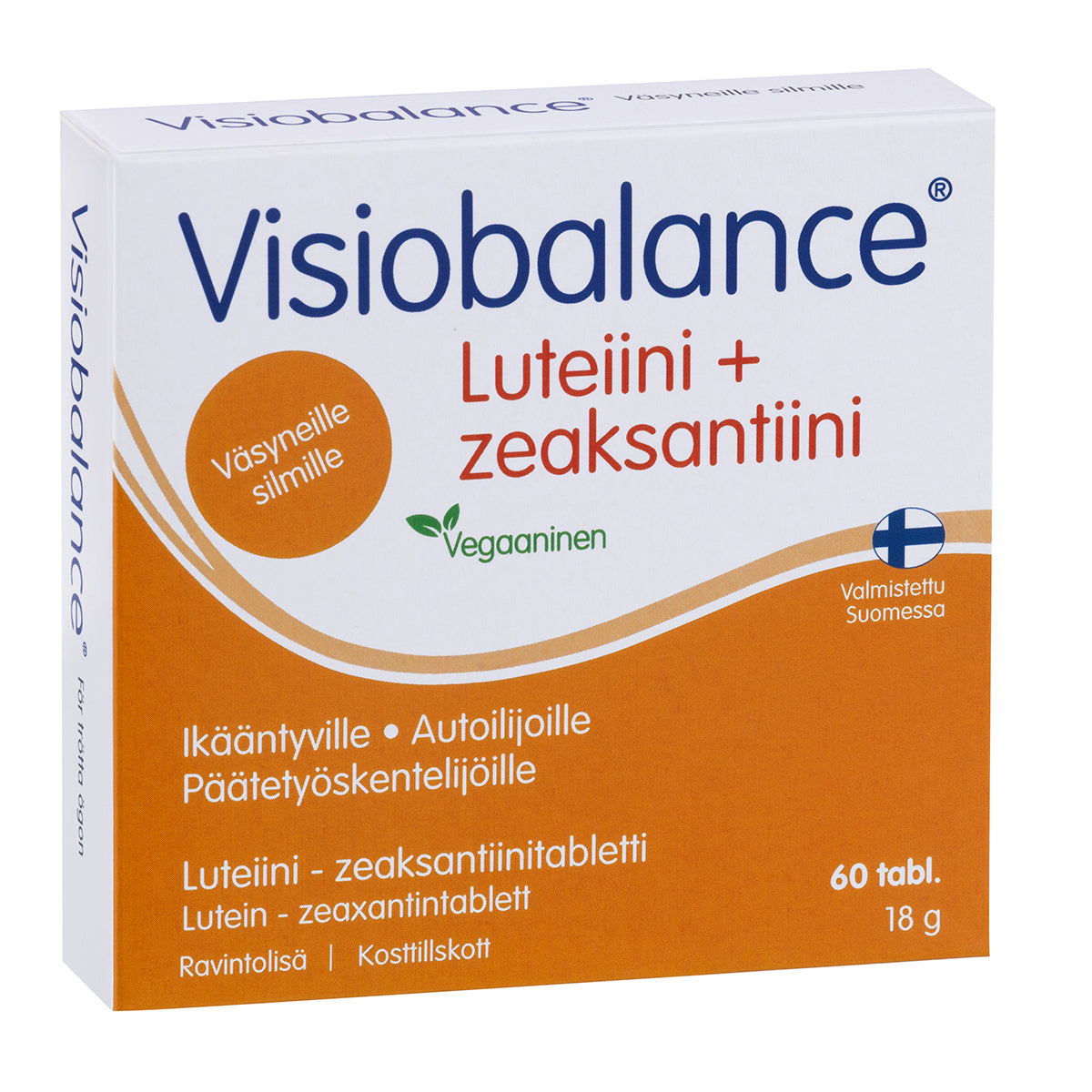 Visiobalance; pakkaus Visiobalance Lutein + Zeaxanthin -tabletteja; valkoinen ja oranssi laatikko mattapintaisesta pahvista, suorakaiteen muotoinen, suomenkielinen teksti groteskifontilla; etuosassa vihreä vegaanimerkki; numero 60 ilmoittaa tablettimäärän; luteiini ja tseaksantiini mainittu isommalla lihavoidulla tekstillä; ei ihmisiä tai käsiä; neutraali tausta.