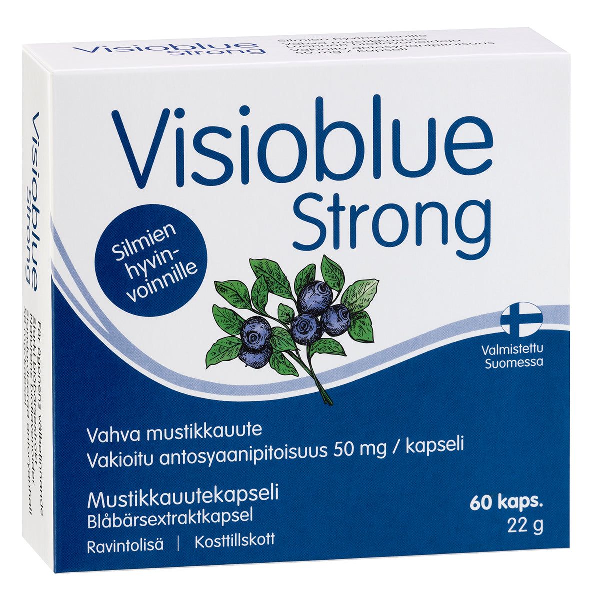 Visioblue Strong -mustikkauuteen kapselit, 60 kpl; suorakulmainen pakkaus, sininen-valkoinen mattapinta; pakkauksessa elävät mustikkakuvat ja lihavoitua suomenkielistä groteskitekstiä; vaalea tausta, ei ihmisiä.