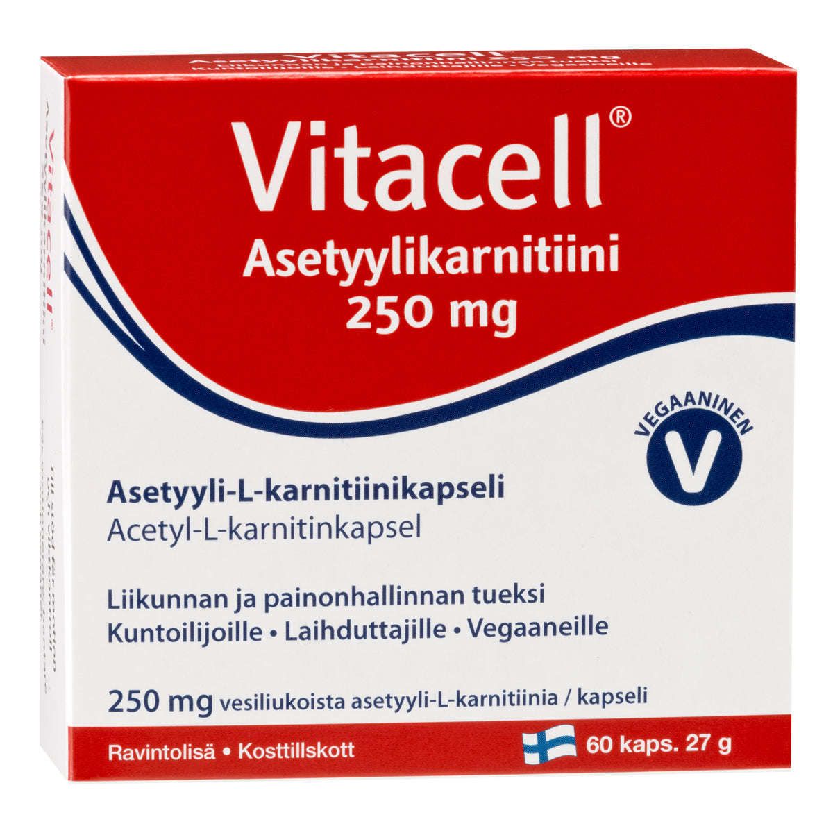 Vitacell Asetyylikarnitiini 250 mg; laatikko Vitacell-asetyyli-L-karnitiinikapseleita, 250 mg, suunniteltu urheilijoille ja vegaaneille painonpudotuksen tueksi; pakkaus sisältää 60 kapselia suomen- ja englanninkielisin tekstein; suorakulmainen mattapahvi pääosin valkoinen oranssein ja mustin osioin; groteskikirjasin tuotenimelle ja tiedoille; ei ihmisiä tai käsiä kuvassa, pelkistetty valkoinen tausta tasaisesti valaistussa studiokuvassa.