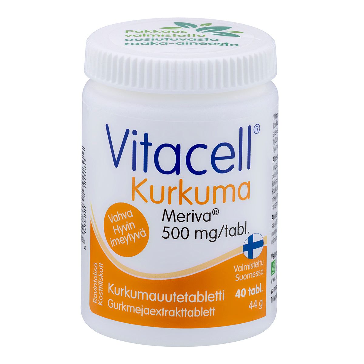Vitacell Kurkuma -muovipurkki; sininen korkki; mattapintainen, sylinterimäinen purkki; etiketissä lihavoitu oranssi ja sininen tekstausvapaa kirjasin, teksti "500 mg" ja "40 tabl.", Suomen lippu sekä suomen- ja ruotsinkielinen teksti; kuvattu valkoista taustaa vasten ilman ihmisiä tai muita esineitä.