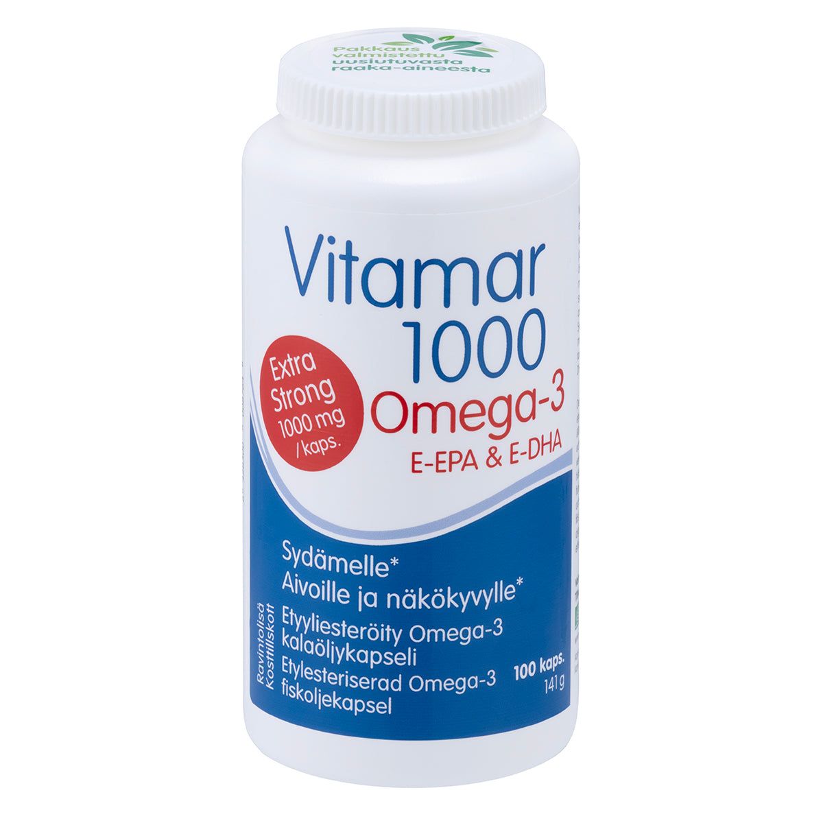 Vitamar 1000 Omega-3 -kalaöljykapselipullo, valkoinen, sinis-punainen etiketti, teksti suomeksi ja englanniksi, Extra Strong 1000 mg; muovinen sylinterinmuotoinen pullo, mattapinta