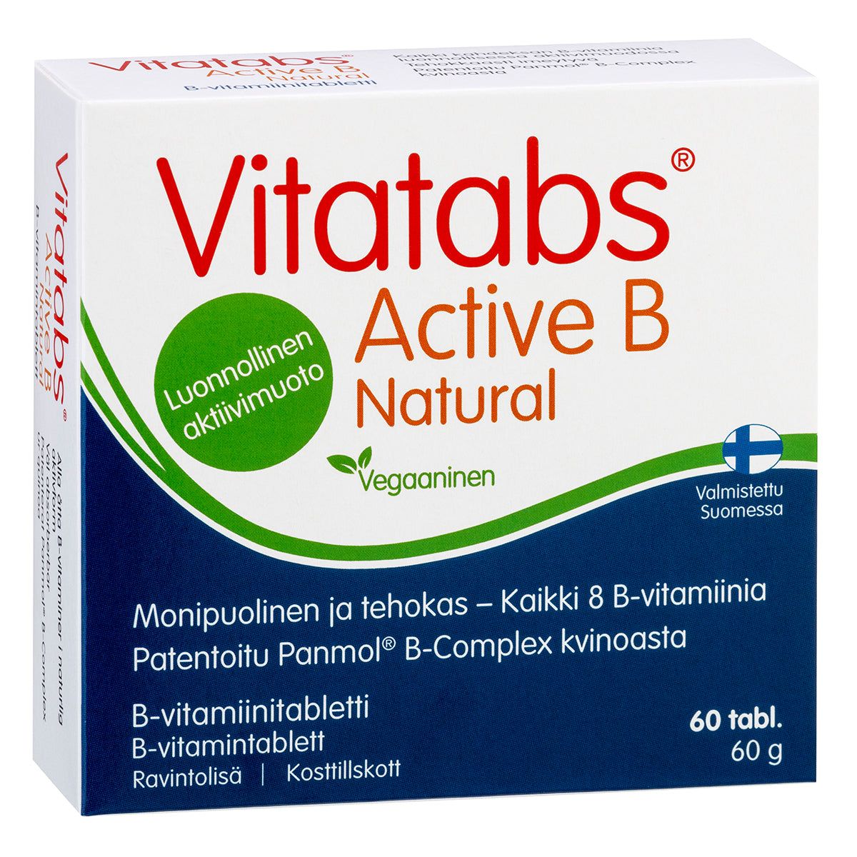 Vitatabs Active B Natural -tablettipakkaus; suorakulmainen, mattapintainen ja valkoinen rasia punaisin, vihrein ja sinisin painetuin osioin; suomenkielinen teksti lihavoidulla tekstausvapaalla kirjasimella; mainitaan kaikki 8 B-vitamiinia; kuvattu neutraalia taustaa vasten, ei ihmisiä tai käsiä näkyvissä.