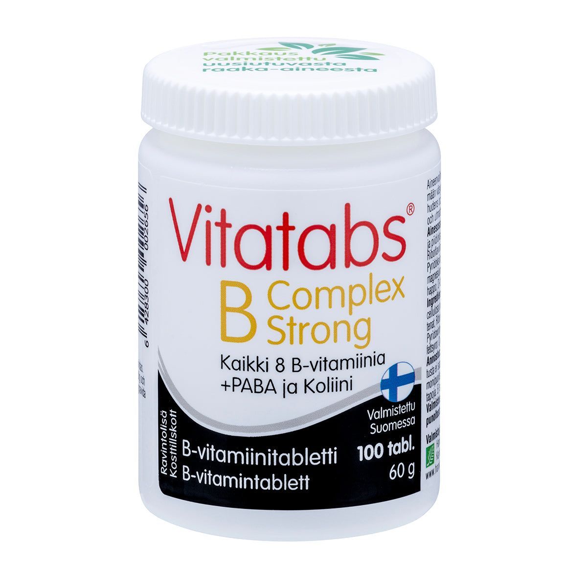 Vitatabs B-Complex Strong -pullo, valkoinen mattamuovi, sininen-musta groteskiteksti suomeksi, sininen Suomen lippu -symboli; sisältää kaikki 8 B-vitamiinia sekä koliinia ja PABA:a, 100 tablettia