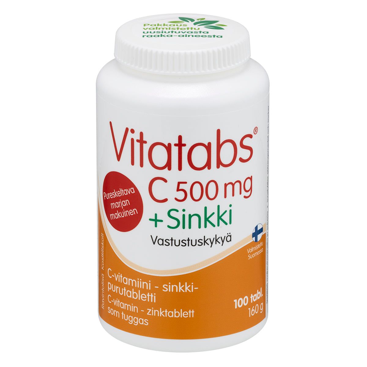 A white plastic cylindrical bottle with a matte finish; the label is mainly red and green with Finnish text, and features a small Finnish flag symbol. Typography is bold and sans-serif. The cap is white and ribbed. No people or hands are present. Neutral background, product centered in the frame. A white bottle of Vitatabs C 500 mg + Sinkki tablets with Finnish text, a red and green label, and a Finnish flag symbol, containing 100 chewable vitamin C and zinc tablets for daily immune support.