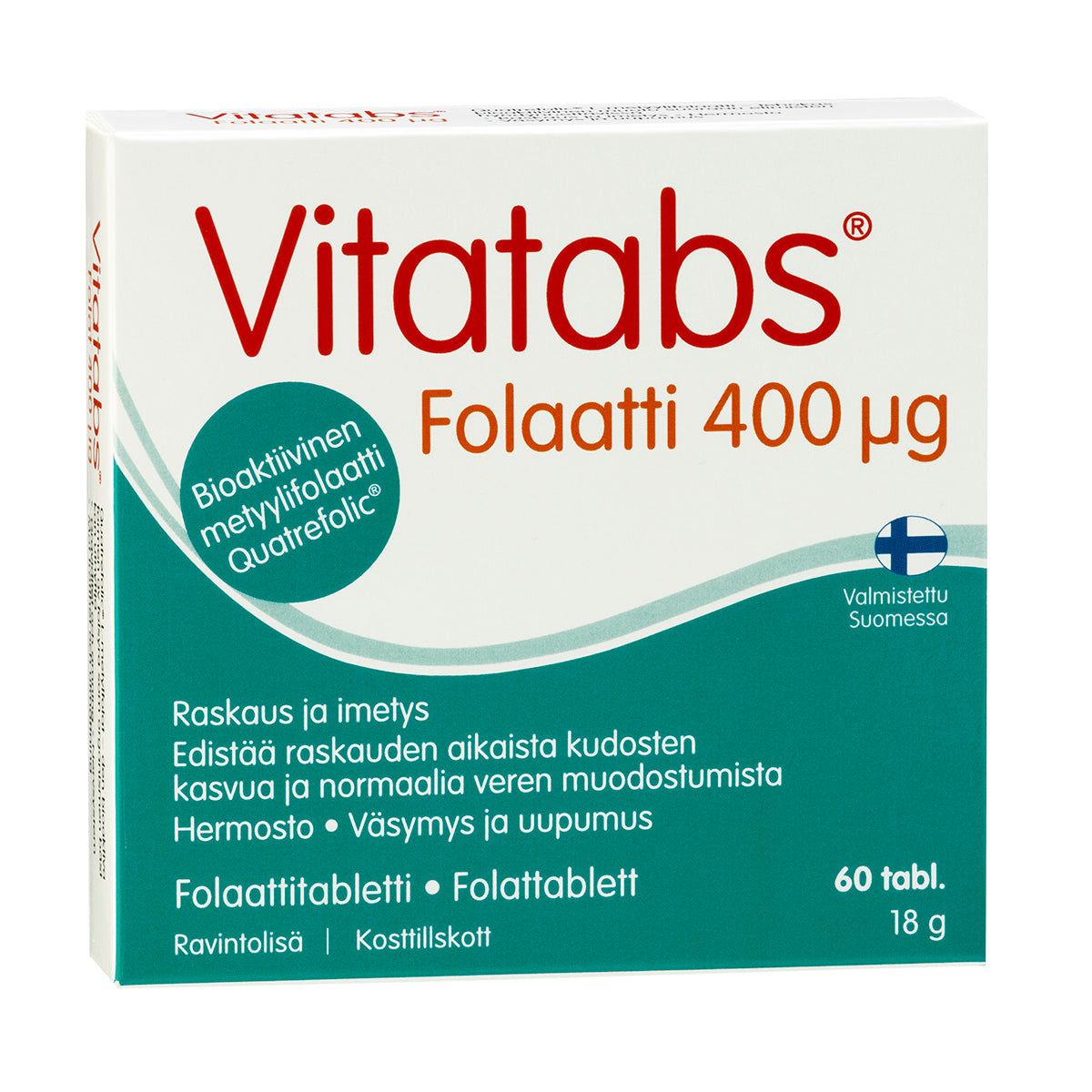 Vitatabs Folaatti 400 mikrog -tablettipakkaus; suomenkielinen teksti; vihreä-valkoinen ulkoasu ja Suomen lipun kuvake; pakkaus sisältää 60 tablettia, painaa 18 g, ja tukee päivittäistä folaatinsaantia; suorakulmainen, mattapintainen pahvipakkaus yksinkertaisella tekstausvapaalla kirjasimella; tablettimäärä, annostus ja paino näkyvissä; kuvattu yksiväristä taustaa vasten, ei ihmisiä tai käsiä näkyvissä.