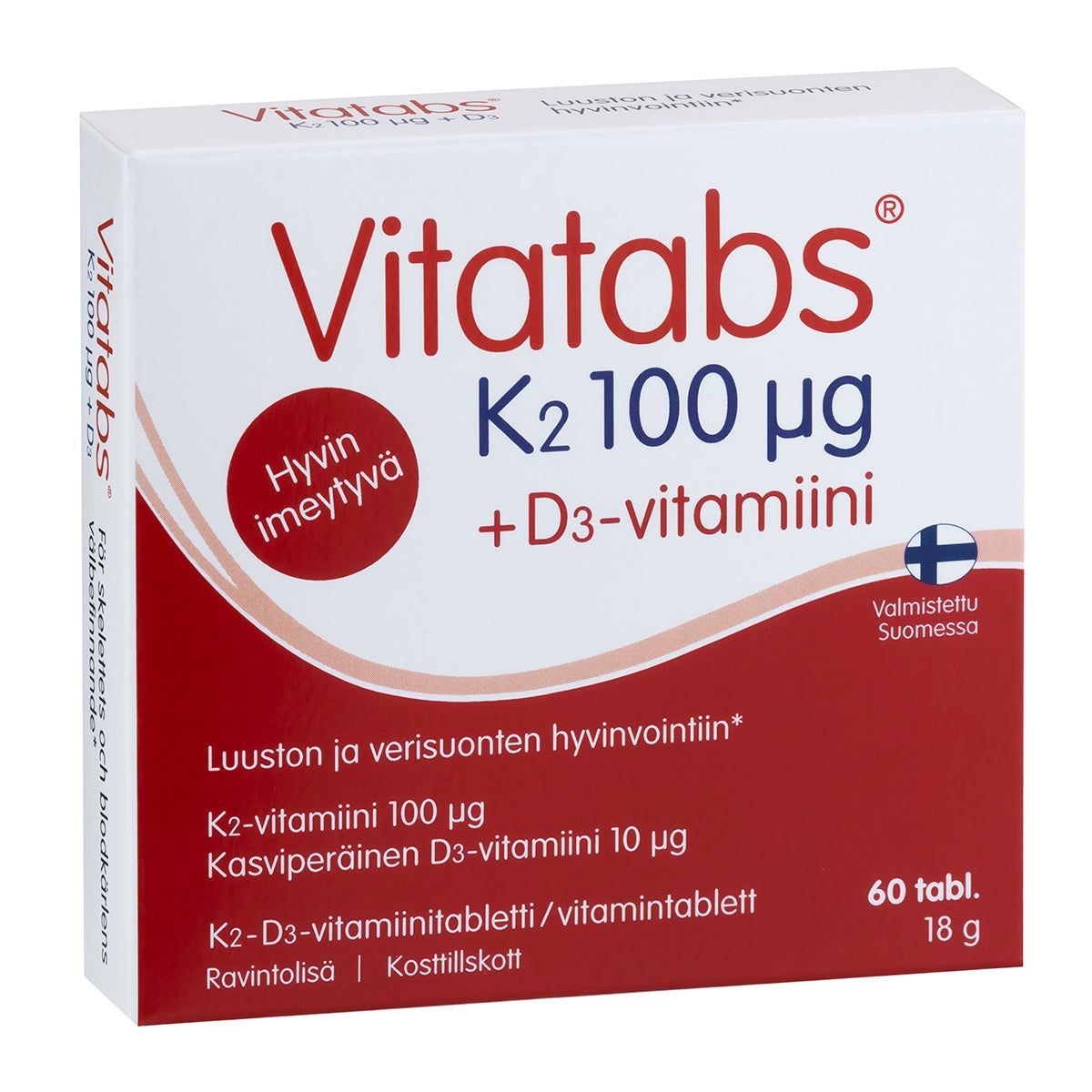 Vitatabs K2 + D3 -pakkaus, 60 tablettia; suorakulmainen, mattapintainen rasia punaisen ja valkoisen sävyissä; etupuolella lihavoitua suomenkielistä tekstausvapaata tekstiä sekä pieni Suomen lipun kuvake; kuvattu valkoista taustaa vasten, ei ihmisiä tai käsiä näkyvissä.