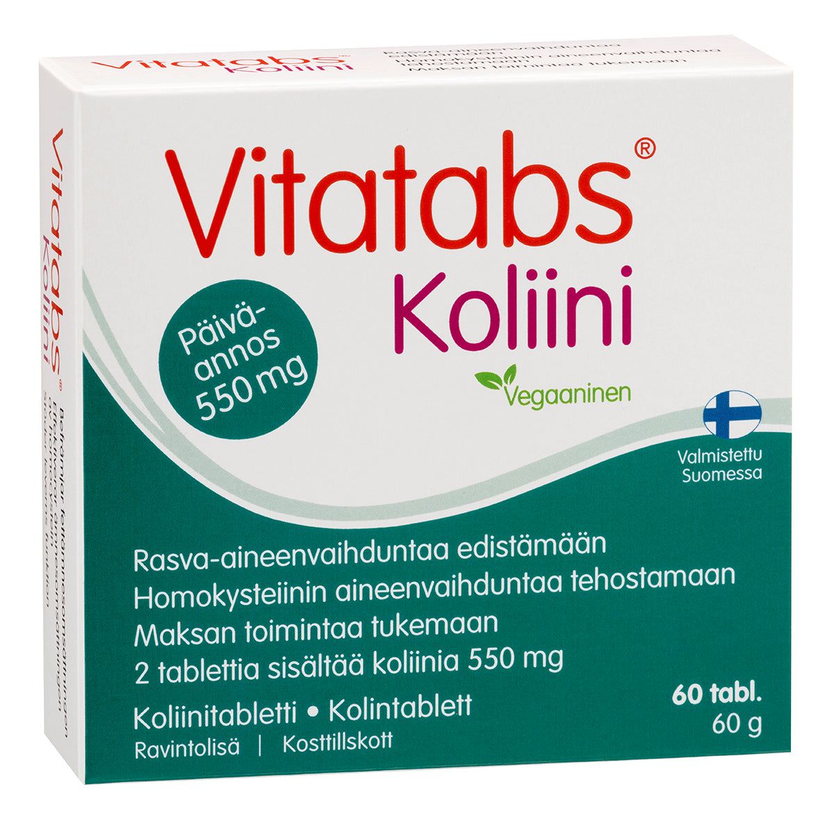 Vitatabs Koliini -tablettipakkaus; vihreää, punaista ja sinistä tekstiä; merkinnät vegaanisuudesta ja valmistuksesta Suomessa; teksti kertoo maksan toiminnan ja rasva-aineenvaihdunnan tukemisesta 550 mg:n päivittäisellä koliiniannoksella, pakkaus sisältää 60 tablettia; suorakulmainen, mattapintainen valkoinen pahvipakkaus, tuotenimi ja -tiedot tekstausvapaalla kirjasimella; kuvattu yksiväristä taustaa vasten, ei ihmisiä tai käsiä näkyvissä.