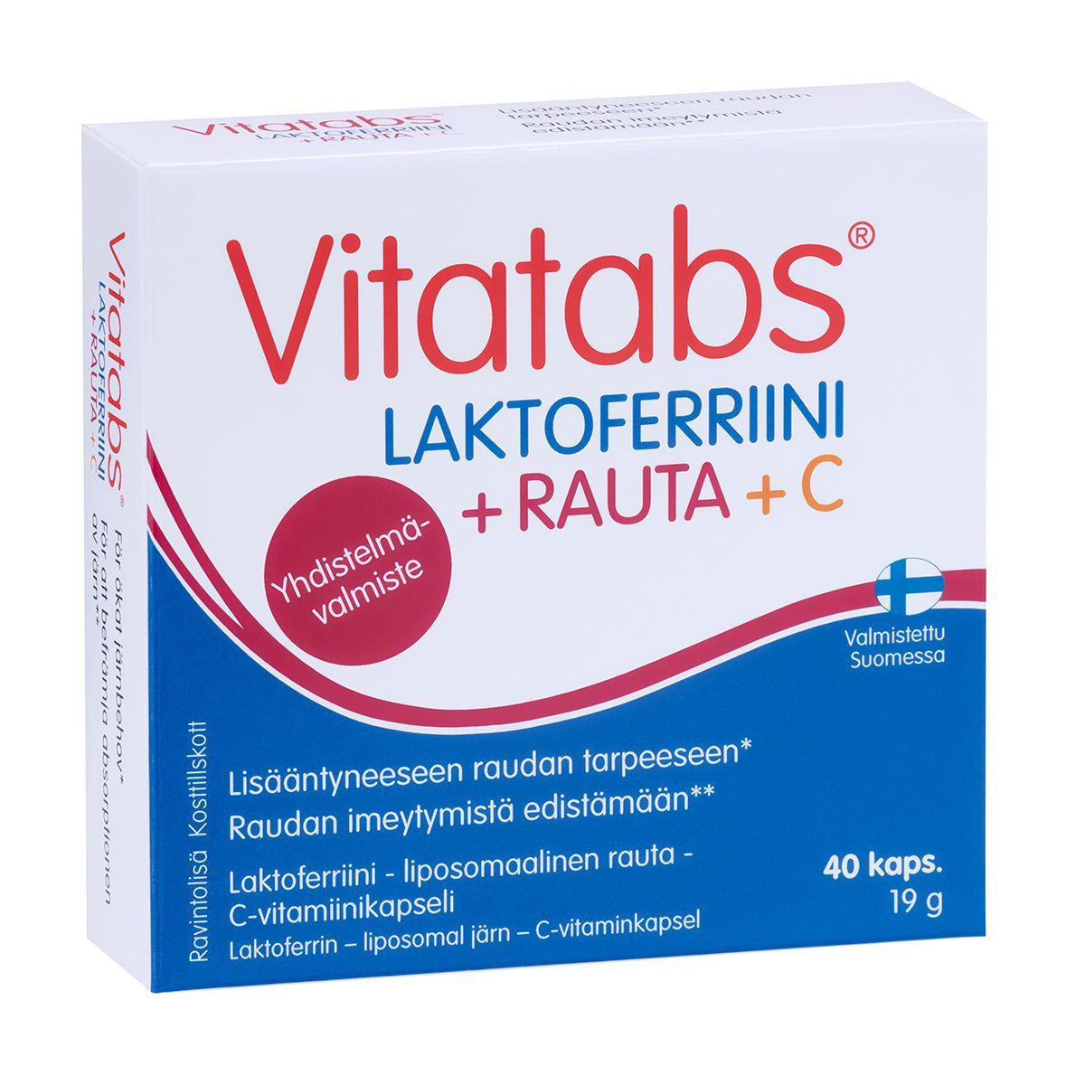 Vitatabs Laktoferriini 177 mg + Rauta + C-vitamiini, 40 kapselia suorakaiteen muotoisessa pakkauksessa; pinta mattaa, yläosa ja sivut pääosin valkoiset, alaosa punainen, mukana sinisiä korostusviivoja; suomenkielinen teksti lihavoidulla groteskifontilla; ei ihmisiä eikä käsiä näkyvissä, kuva tasaisesti valaistua vaaleaa taustaa vasten.