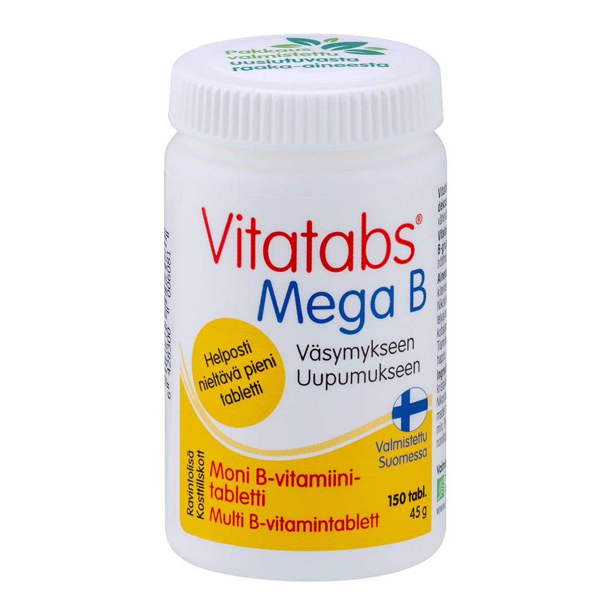 A white bottle of Vitatabs Mega B vitamins with a yellow and blue label featuring Finnish text and a small Finnish flag is shown. The label has bold, modern typography. The bottle is plastic with a matte finish and cylindrical shape. Legible text indicates the quantity as 150 tablets. Plain light background, no people or hands in frame.