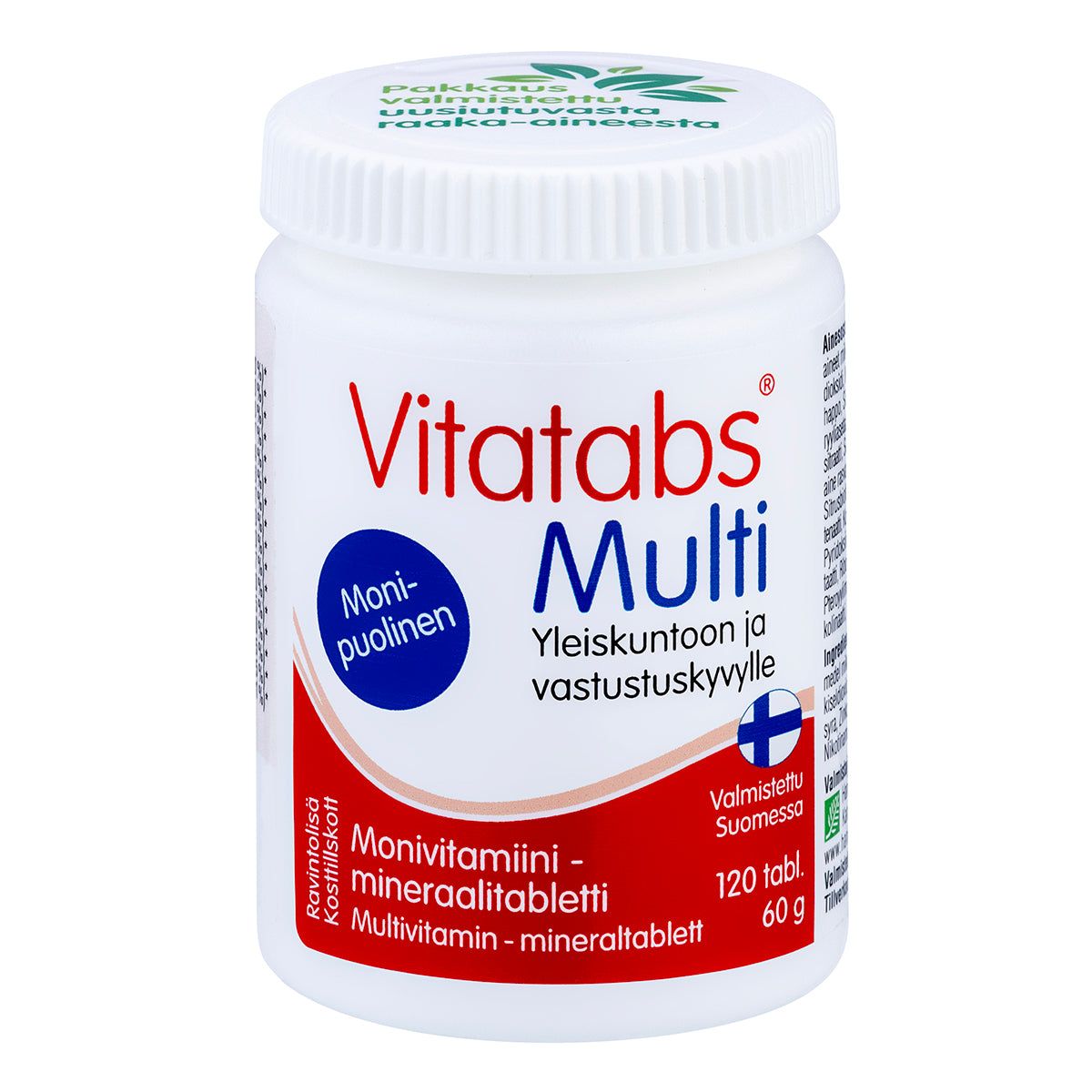 A white plastic bottle with a matte finish; cylindrical shape and screw cap. Blue and red printed label displays “Vitatabs Multi” among Finnish text. Label also shows a small Finnish flag graphic. Flat, sans-serif typography is used throughout. The label mentions 120 tablets. Plain background, no people or actions in frame. Shot is front-facing product-only. A white bottle labeled Vitatabs Multi multivitamin tablets with Finnish text, featuring a blue and red label, a Finnish flag, and containing 120