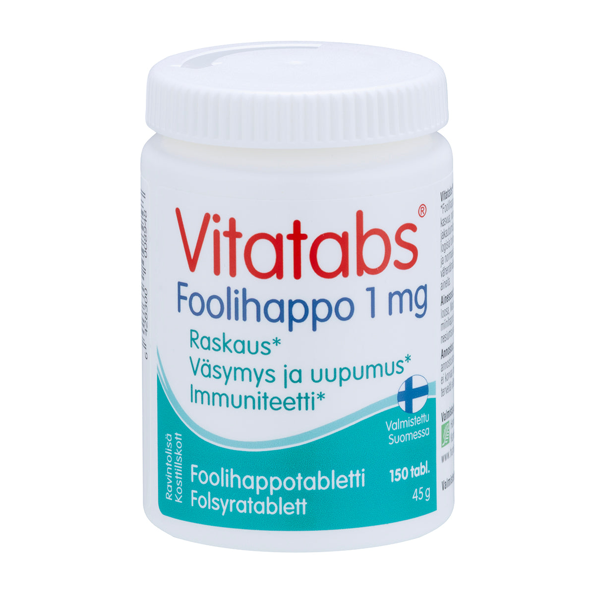 Vitatabs Foolihappo 1 mg: valkoinen pullo Vitatabs Foolihappo 1 mg -tabletteja, tekstiä suomeksi ja ruotsiksi, sininen ja punainen mattaetiketti, sisältää 150 tablettia; etiketissä lohkomainen groteskikirjasin, mainittu tablettimäärä, lyhyt hyötyteksti ja Suomen lipun symboli; ei ihmisiä tai käsiä näkyvissä; yksinkertainen studiotausta, tuote kokonaan näkyvissä pystyasennossa.