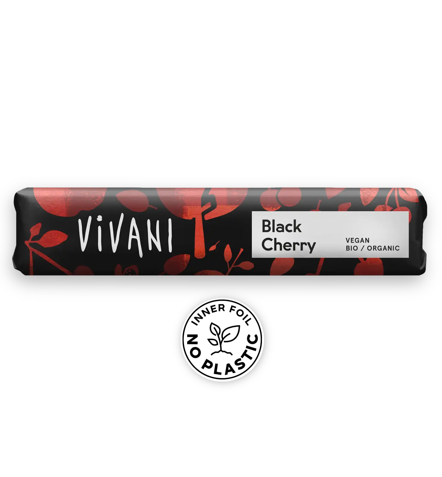 Vivani Luomu Kirsikka Tummasuklaa Patukka, vegaaninen suklaapatukka eloisin punaisin kirsikkakuvituksin siromassa mustassa kääreessä, alapuolella pyöreä tunnus tekstillä Inner Foil No Plastic ja vihreä lehtikuvake; patukka suorakaiteen muotoinen mattapintaisessa kääreessä; tuotenimi lihavoidulla modernilla groteskifontilla; tausta valkoinen, ei ihmisiä eikä rekvisiittaa, suoraviivainen tuotekuva.