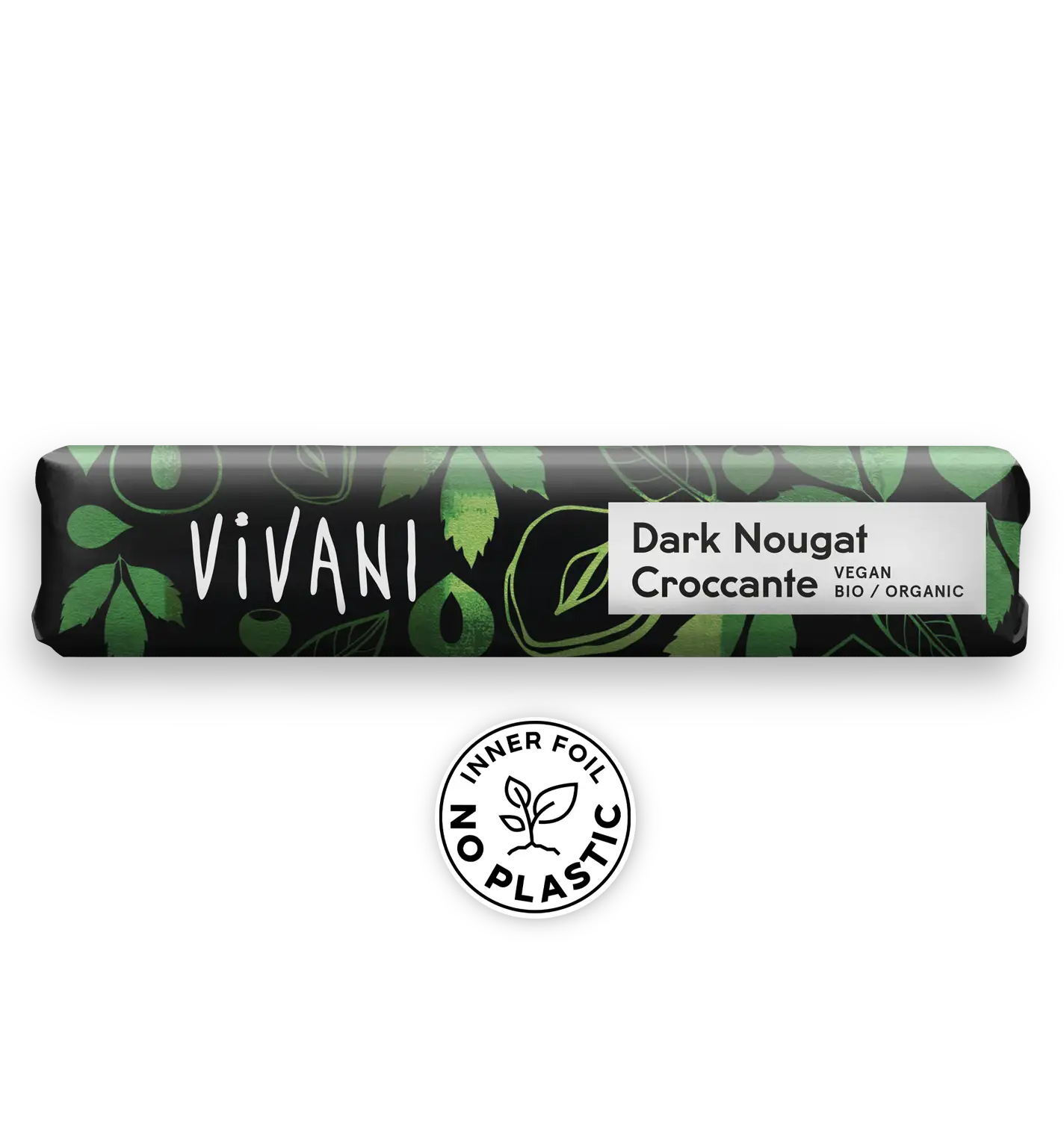 Vivani Dark Nougat Croccante -suklaapatukka vihrein lehtikuvioin mattapintaisessa paperikääreessä. Suorakulmaisessa pakkauksessa on näkyvä vaakasuora sinetti alaosassa. Pyöreässä valkoisessa etiketissä sen alla lukee INNER FOIL NO PLASTIC sekä pieni kasvisymboli. Ihmisiä, käsiä tai toimintaa ei näy. Tausta on pelkistetty ja vaalea. Tuote on kuvattu ylhäältä selkeässä valaistuksessa.