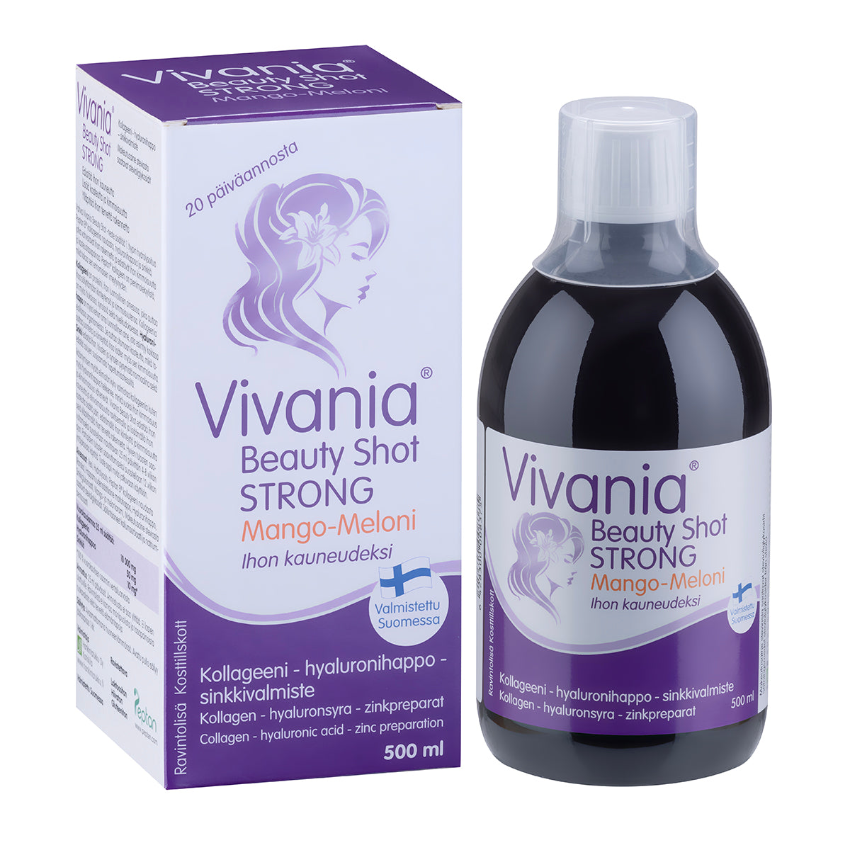 Vivania Beauty Shot Strong Mango-Meloni, kollageeni- ja hyaluronihappovalmiste pullossa ja pakkauksessa; molemmat violetin ja valkoisen sävyiset ja mattapintaiset; pakkauksessa tyylitelty naisen profiilikuva sekä suomenkielisiä tuotetietoja groteskifontilla; tuotteet kuvattu vaaleaa yksiväristä taustaa vasten, ei ihmisiä eikä toimintaa näkyvissä.