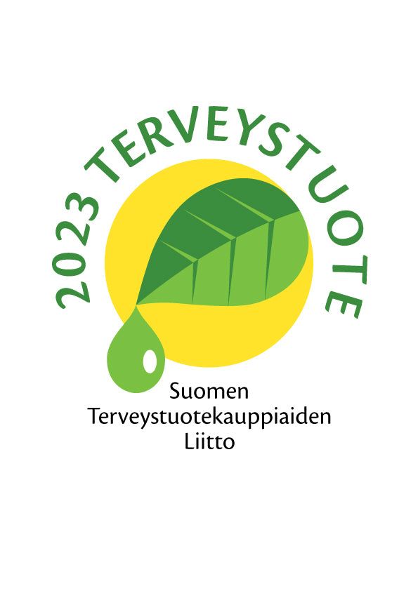 Vitatabs Laktoferriini 177 mg + C; vihreä lehti- ja pisarasymboli keltaisen ympyrän sisällä, kaaressa teksti "2023 TERVEYSTUOTE" ja alla "Suomen Terveystuotekauppiaiden Liitto" mustalla tekstillä; pyöreä mitalimallinen tunnus mattapintaisena, groteskikirjasin kaikessa tekstissä, litteä grafiikka ilman tekstuuria tai varjoja, yhtenäinen valkoinen tausta; ei näkyvää pakkausta tai tuotteita, ei ihmisiä tai käsiä kuvassa.