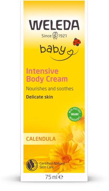 Weleda Baby Calendula Intensive Body Creme -pakkaus, keltainen mattapintainen pahvirasia, kukkakuvitus alaosassa, pyöreä luomumerkki etupuolella; valkoinen-oranssi groteskiteksti, 75 ml