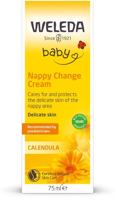 Weleda Baby Calendula Nappy Change Cream -pakkaus, keltainen-valkoinen mattapintainen rasia, yksi kukkakuvitus etupuolella; teksti "organic", mainitsee kehäkukkauutteen, 75 ml
