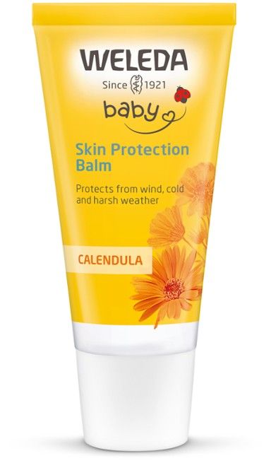 Weleda Baby Calendula Weather Protection Cream -tuubi, keltainen, oranssit kukkakuvat; mattapintainen muovituubi valkoisella korkilla, valkoinen-oranssi groteskiteksti tuulelta, kylmältä ja säältä suojaamisesta