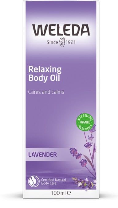 Weleda Lavender Relaxing Body Oil -pakkaus, violetti, mattapinta; laventelikukkakuvitus ja vihreä luomumerkki, teksti tuoksusta ja rauhoittavista ominaisuuksista, 100 ml